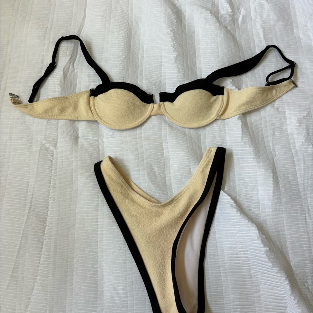 Beige and Black Contrast Bikini Set - Women Swim